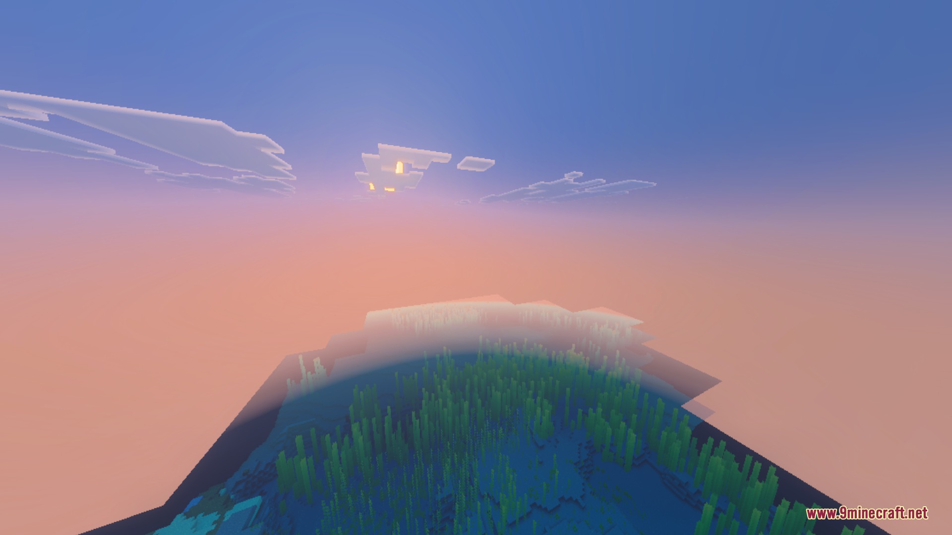 Realistic sunset sky reflecting on clear ocean water in a Minecraft world