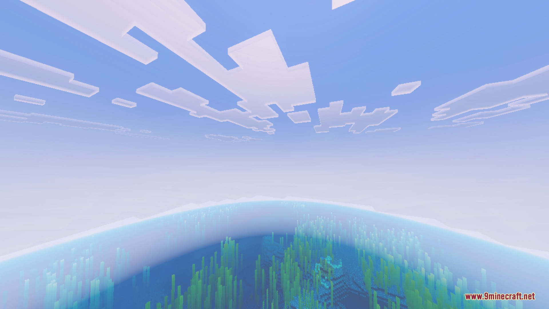 Clear blue water reveals underwater plants beneath a bright sky with stylized clouds