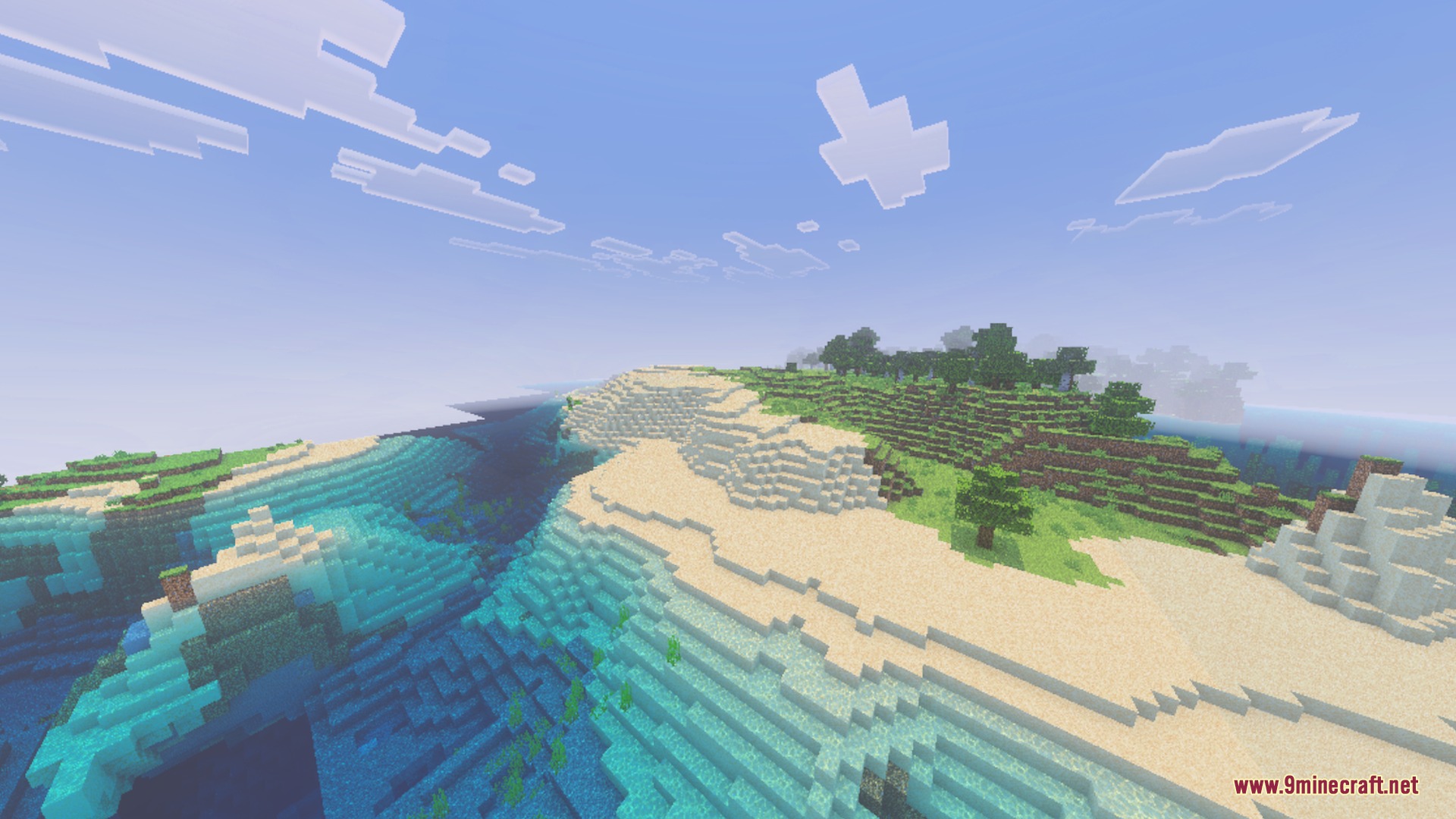 ZZZ VIBRANT VISUAL Shader Screenshot 2 Vibrant sandy beach with clear water and blocky clouds in the sky
