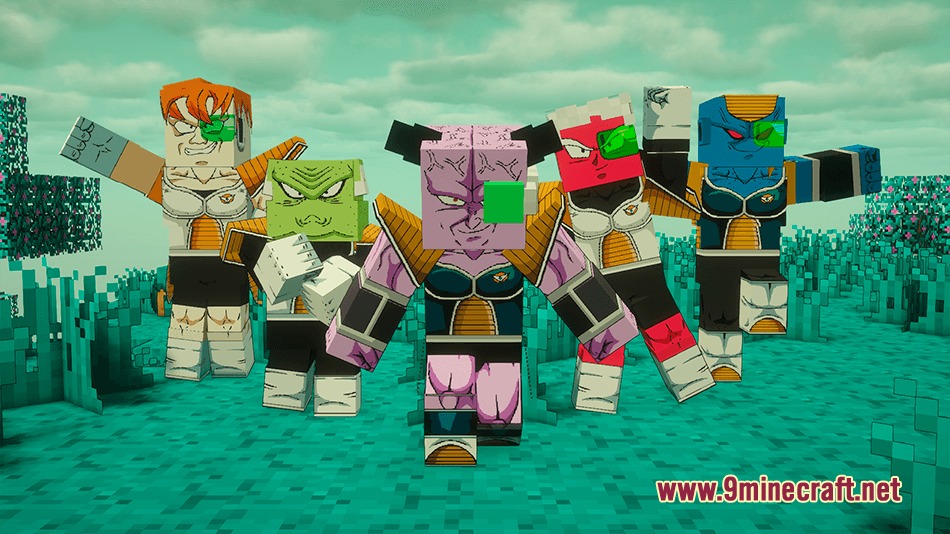 The Ginyu Force members striking their iconic poses in a Minecraft field