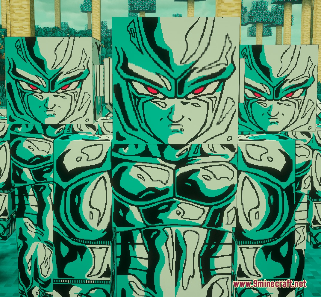 Several metallic green clones with high resolution textures standing in a forest