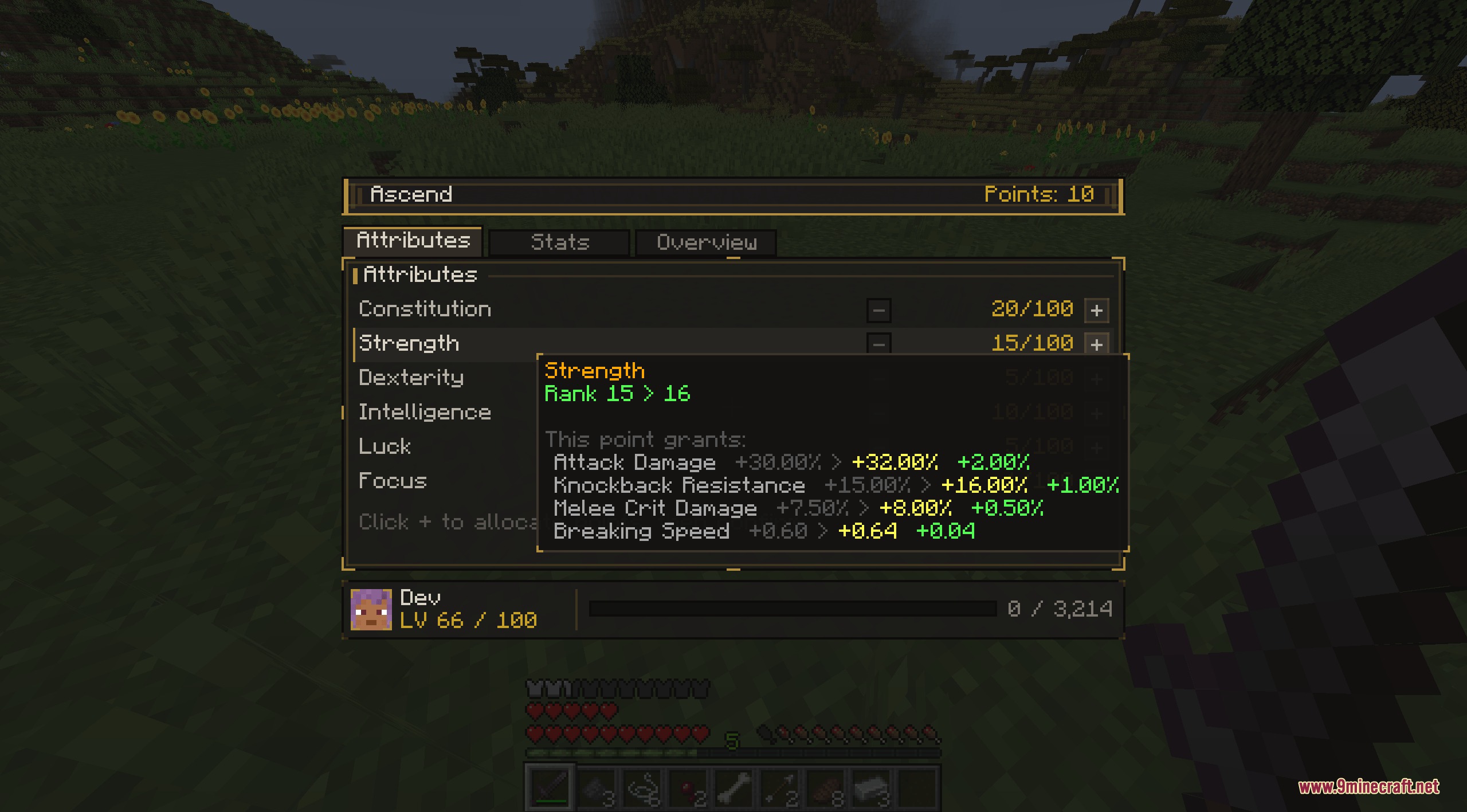 Zenith Scale Foundation Mod Screenshot 2 Tooltip showing stat bonuses for upgrading strength in the RPG system
