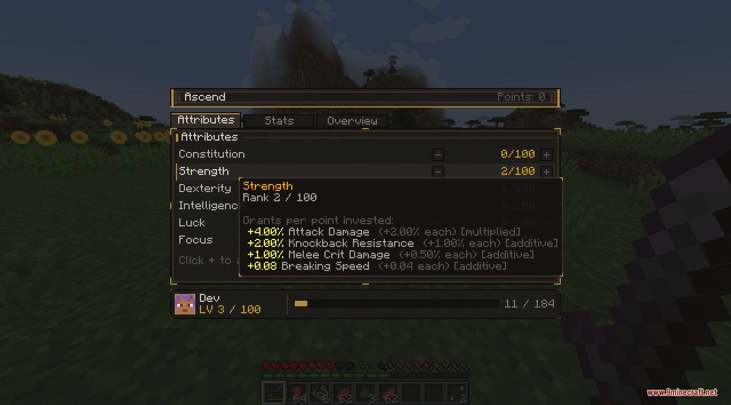 Zenith Scale Foundation Mod Screenshot 3 Character attribute menu showing strength stats and leveling progress in Minecraft