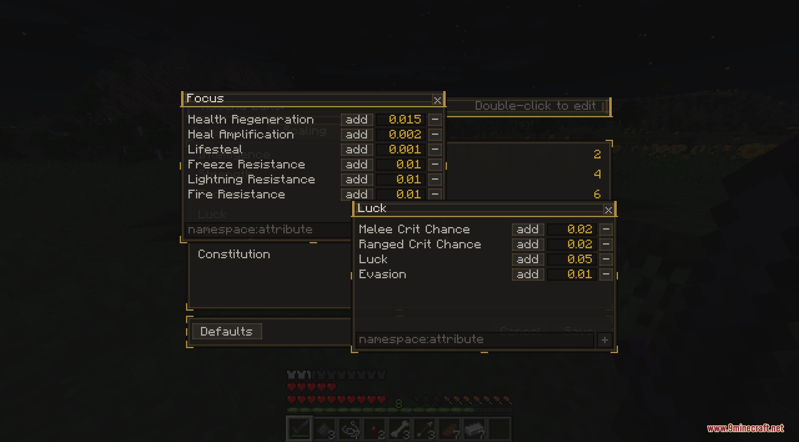 Zenith Scale Foundation Mod Screenshot 4 Interface displaying focus and luck stat modifiers for character builds