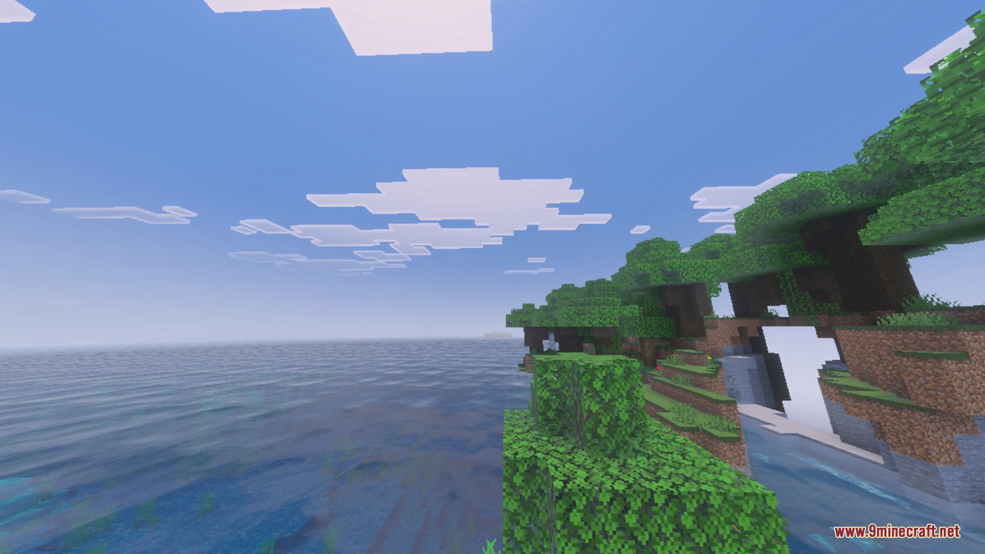 Wide sparkle effects on the water surface create a peaceful Minecraft ocean landscape