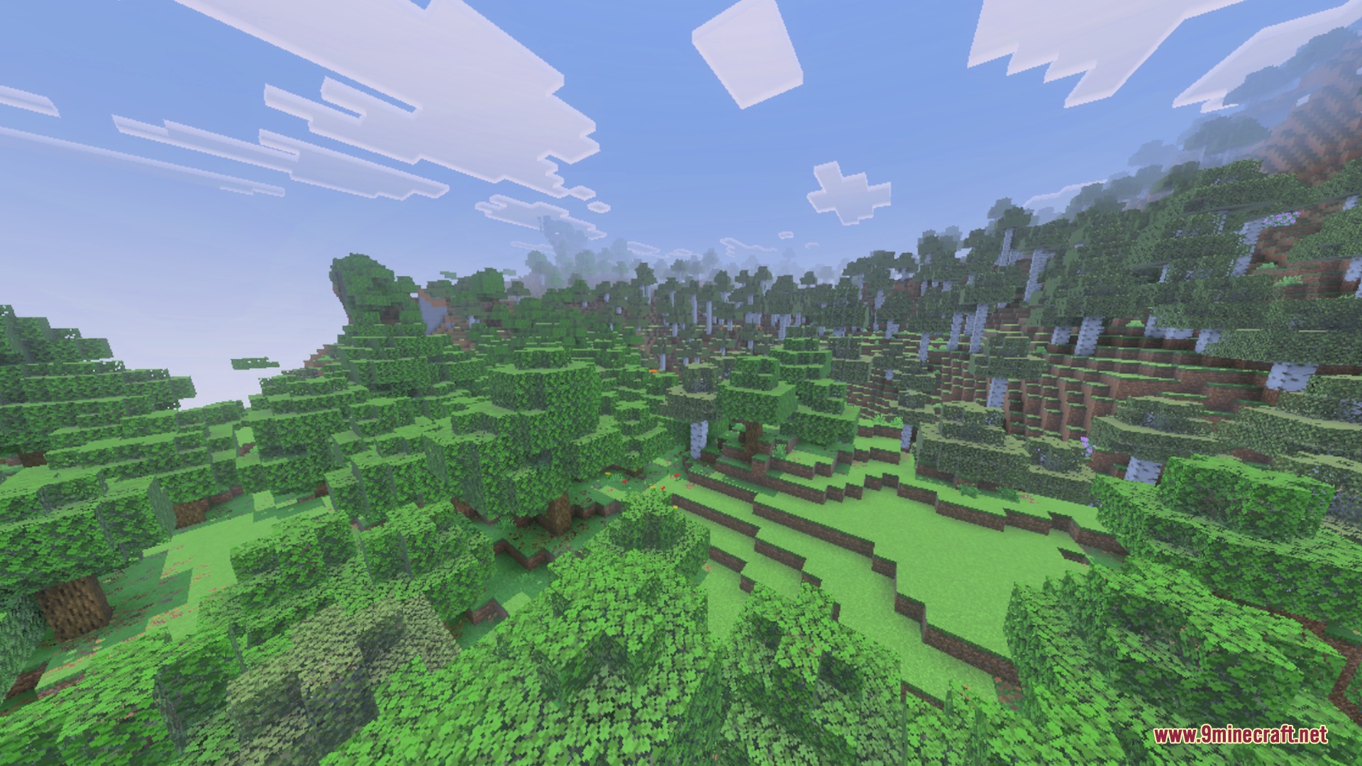 A scenic view of lush green forests and rolling hills under a bright sky