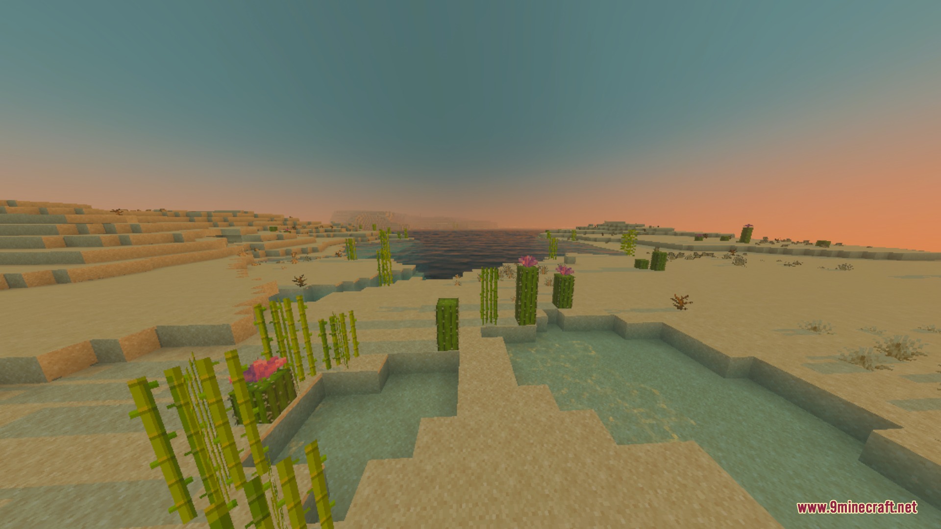 Soft sunlight reflecting on calm water in a peaceful desert landscape