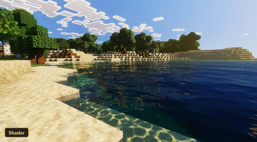 Sandy beach with clear water, trees, and distant hills