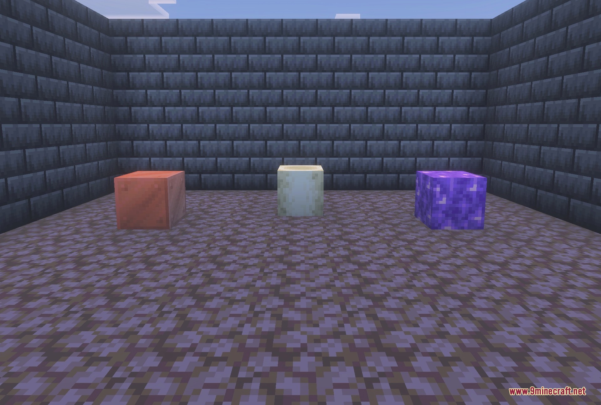 Darker blocks: amethyst, bone and copper against deepslate walls
