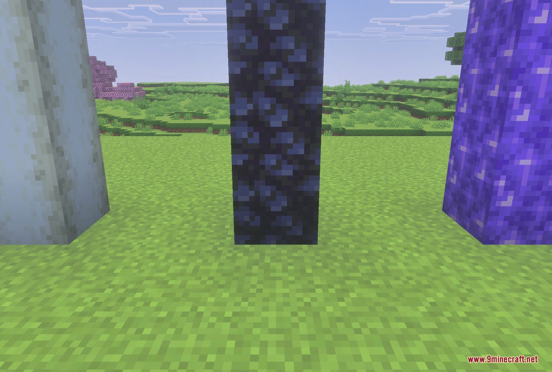 Quartz, obsidian and amethyst columns with the pack applied