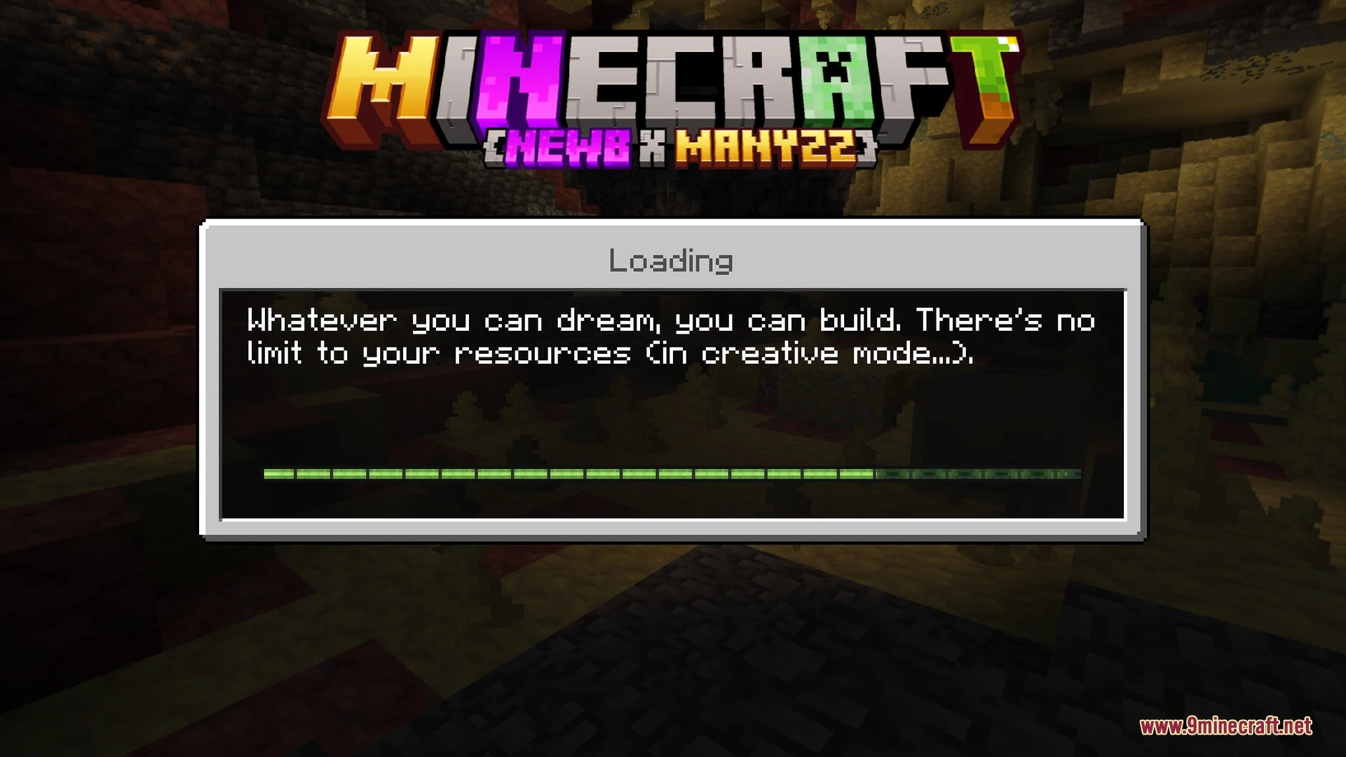 Newb X Manyzz Lite Shader loading screen showing the pack's own logo