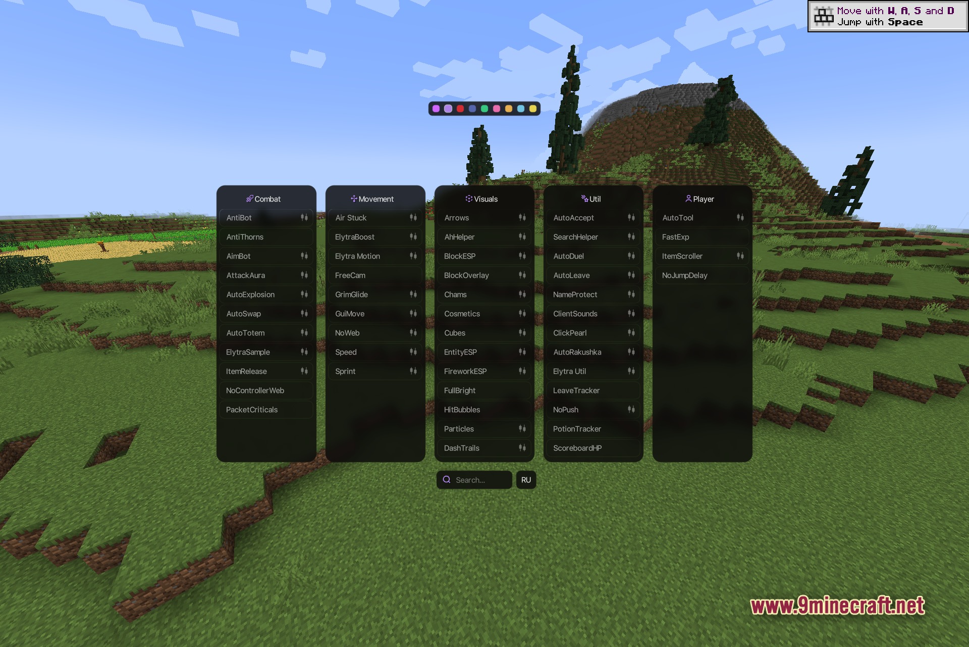 Polar Client Mod Screenshot 1 Polar Client full ClickGUI opened over a scenic mountain background showing the Combat, Movement, Visuals, Util and Player module panels side by side with the theme color picker at the top and the search bar at the bottom