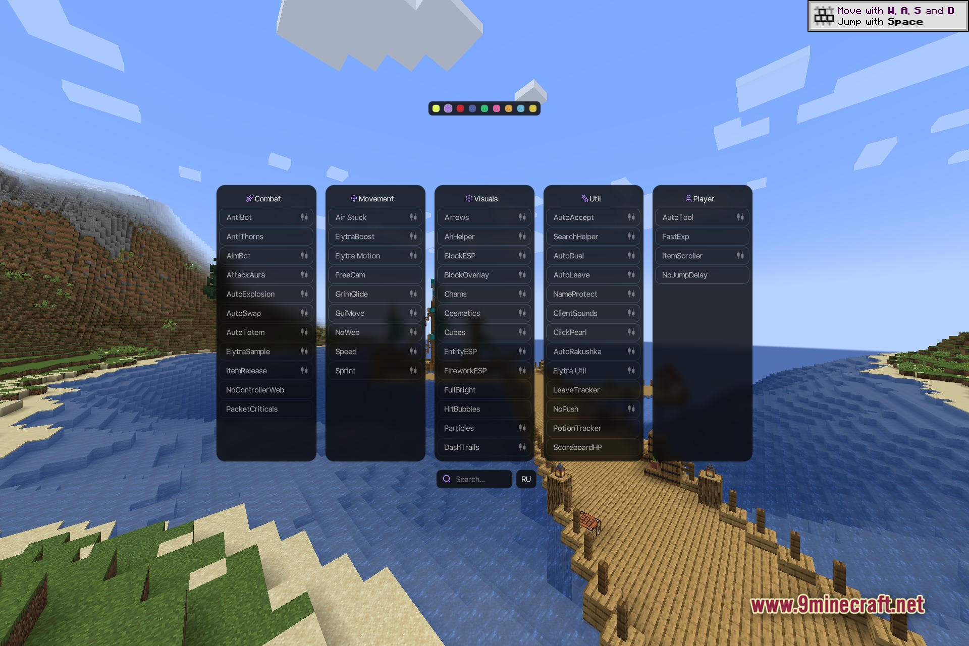 Polar Client Mod Screenshot 2 Polar Client ClickGUI over a wooden dock and pirate ship harbour scene with the Combat panel listing AntiBot, AntiThorns, AimBot, AttackAura, AutoExplosion, AutoSwap, AutoTotem, ElytraSample, ItemRelease, NoControllerWeb and PacketCriticals modules