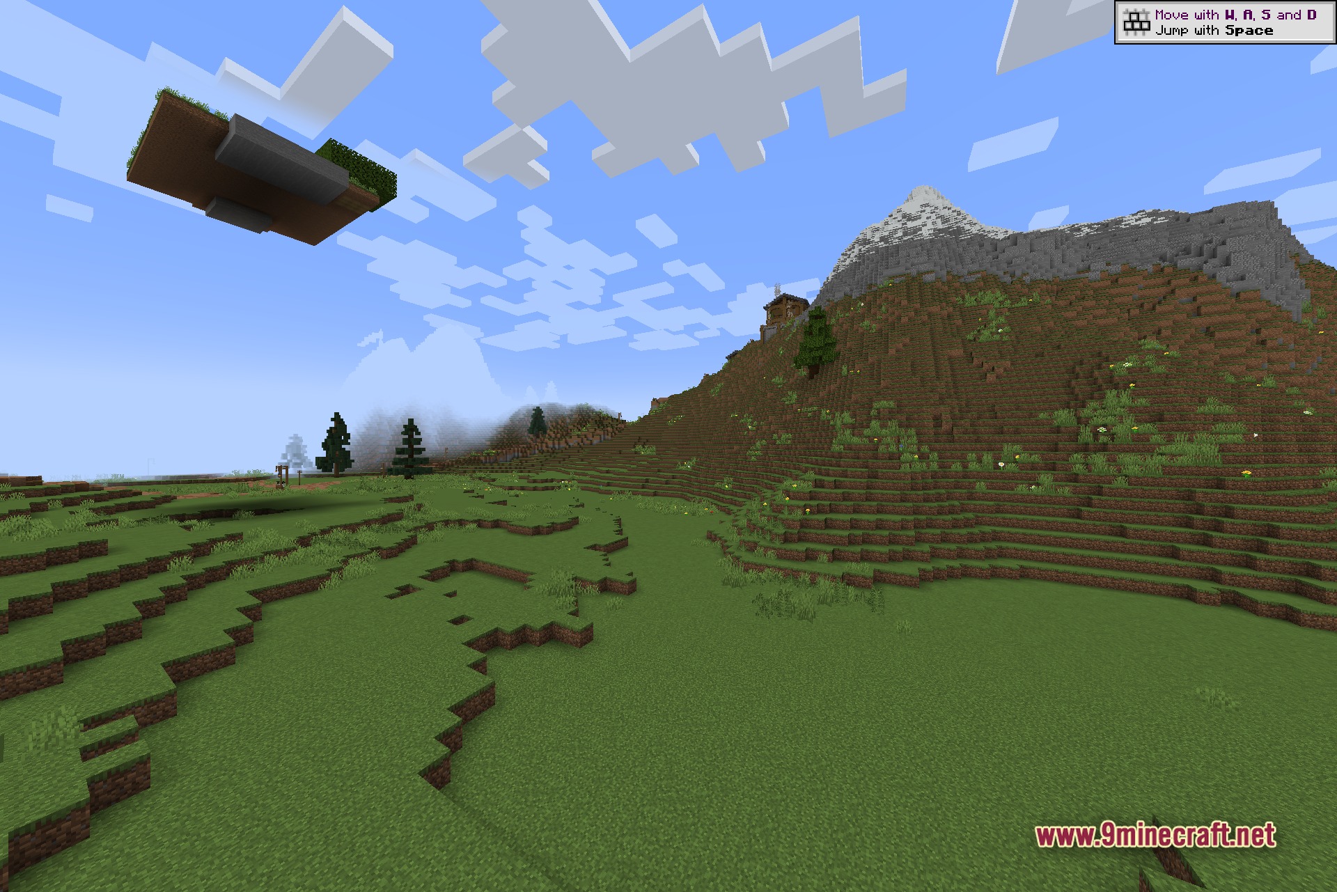 Polar Client Mod Screenshot 4 Polar Client wide landscape shot showing the mountain and rolling grass terrain used as the module test arena with a floating grass island floating in the sky