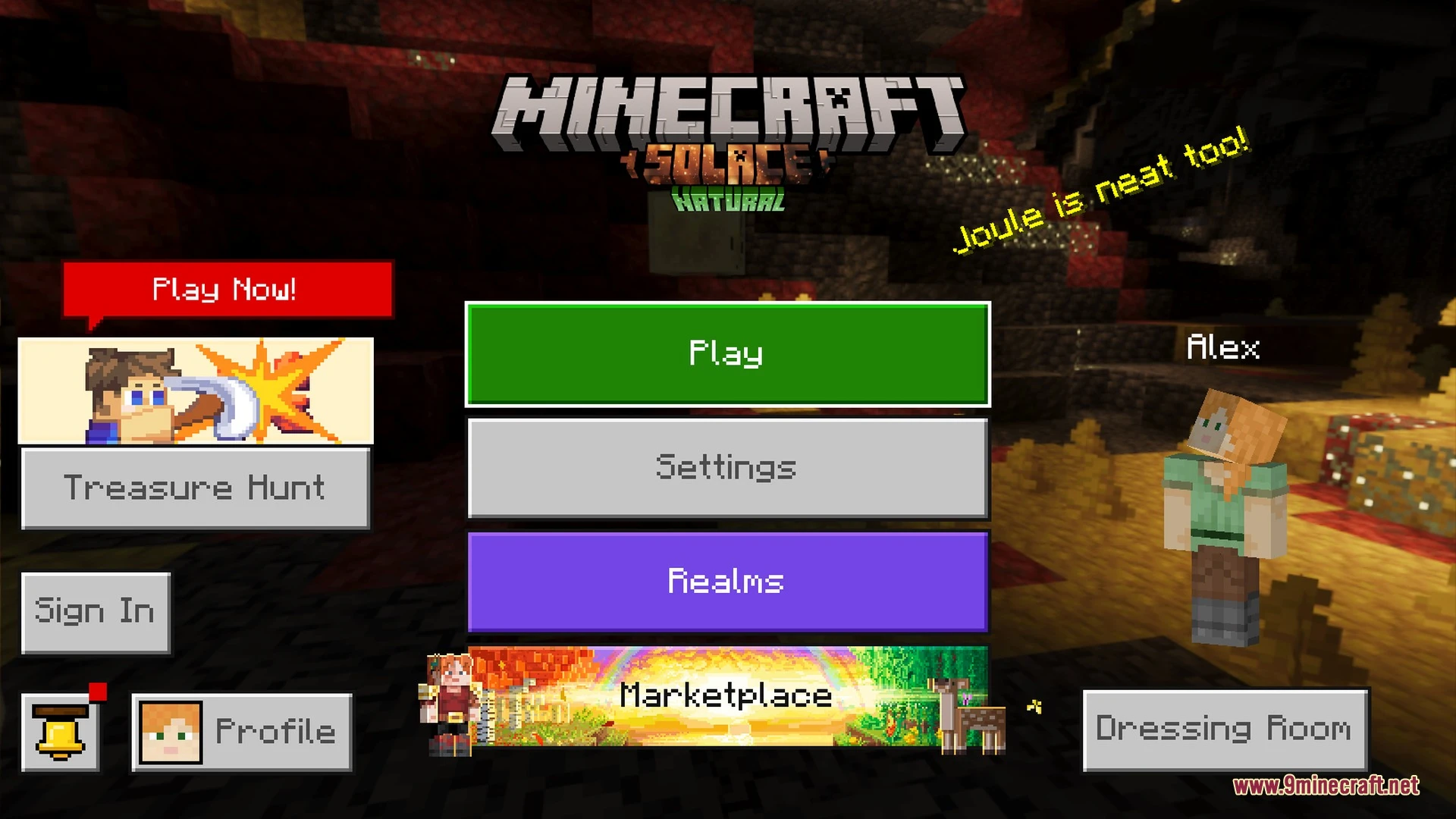 Solace Natural Shader main menu showing the pack's own logo