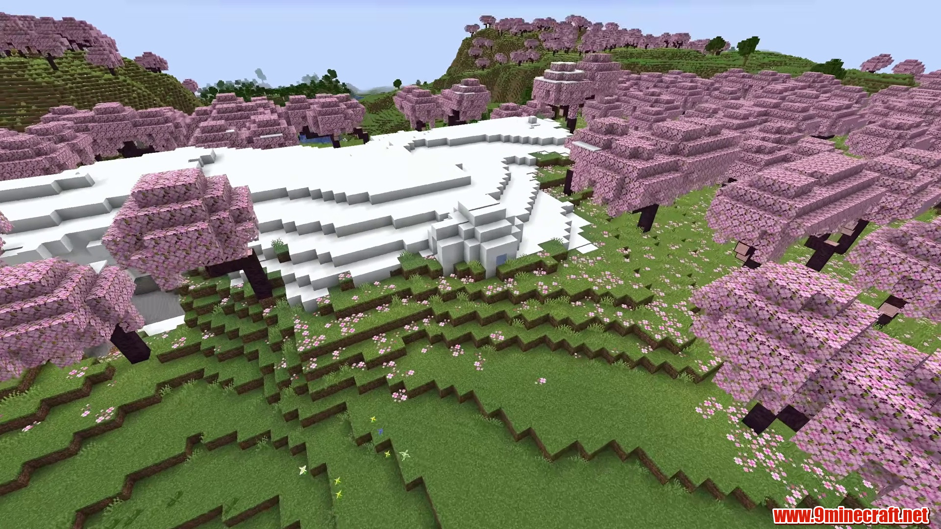 Cherry Blossom Snow Caldera & Hillside Village - Minecraft seed 296738340736093039