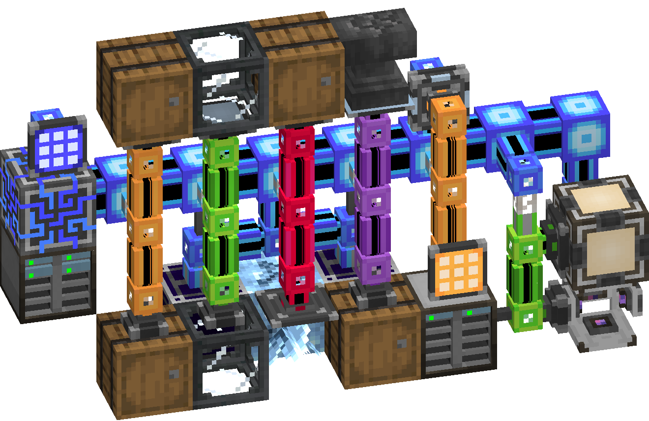 Complex automated system with various machines and pipes