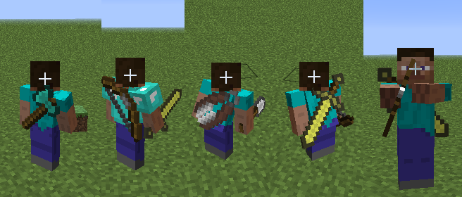 Minecraft player holding various weapons and tools