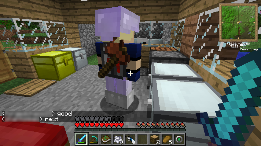 Player in house with chests and beds
