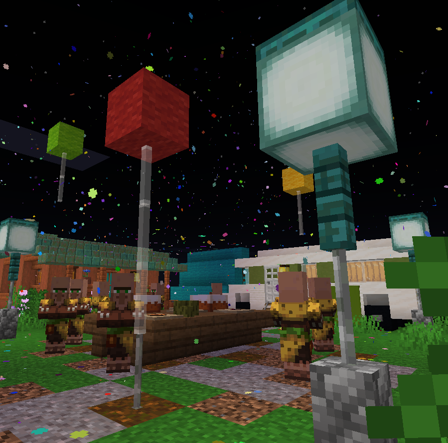 Villagers celebrating with balloons and confetti