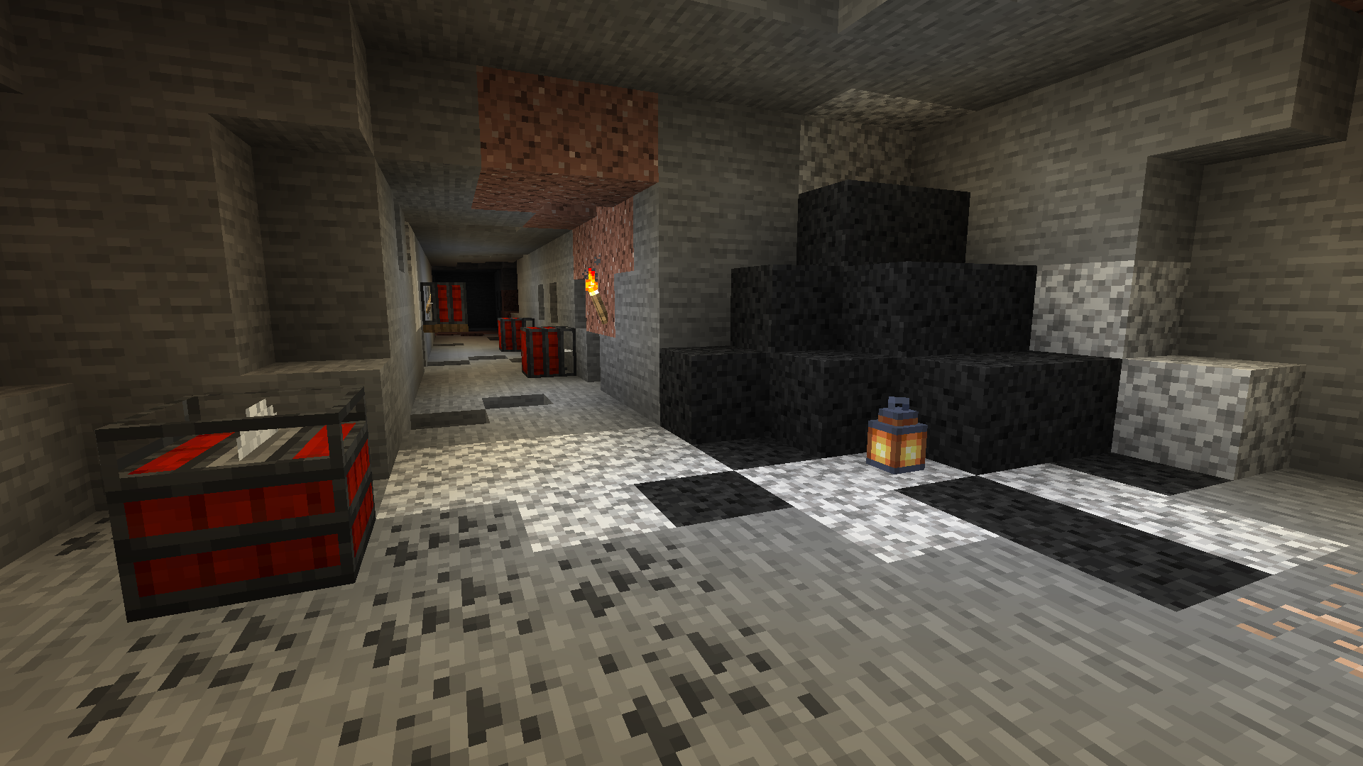 Underground cave with red crates and lantern