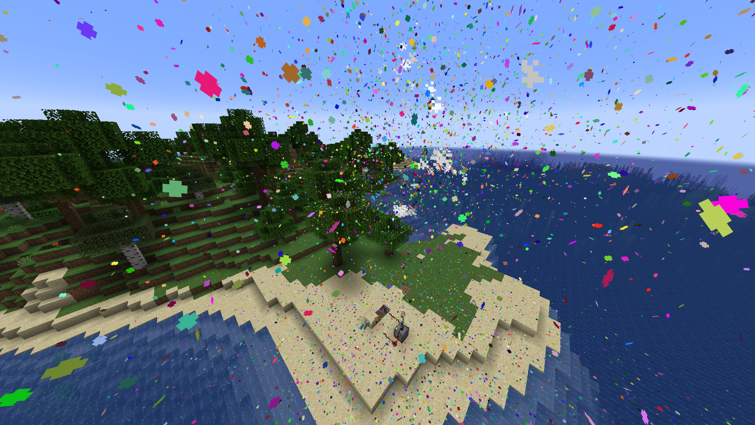 Confetti explosion over a Minecraft island