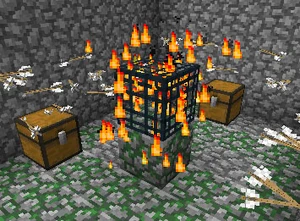 Burning monster spawner surrounded by arrows and chests