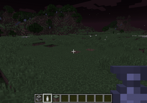 Minecraft world at night with items in hotbar