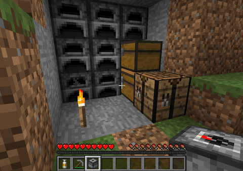 Furnace wall, chests, crafting table, torch