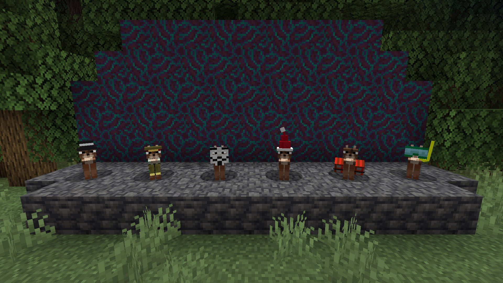 Various hats displayed on armor stands