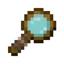 A pixelated magnifying glass with a wooden handle.