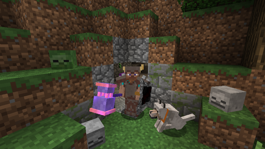 Player with pet wolf and mob heads