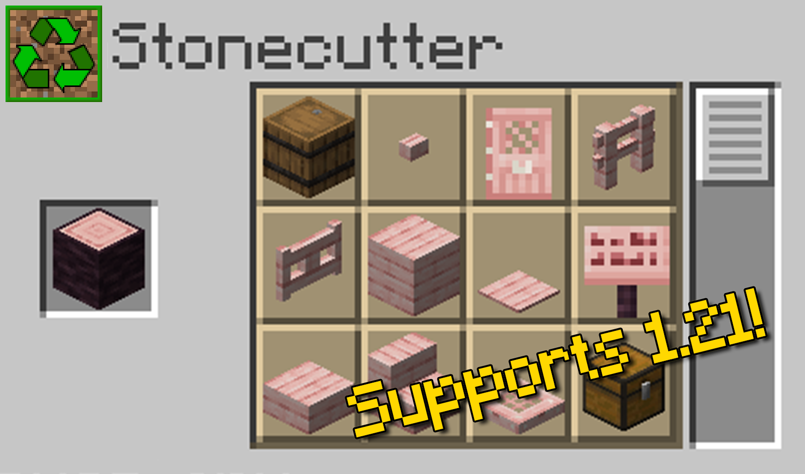 Stonecutter GUI showing wood crafting recipes