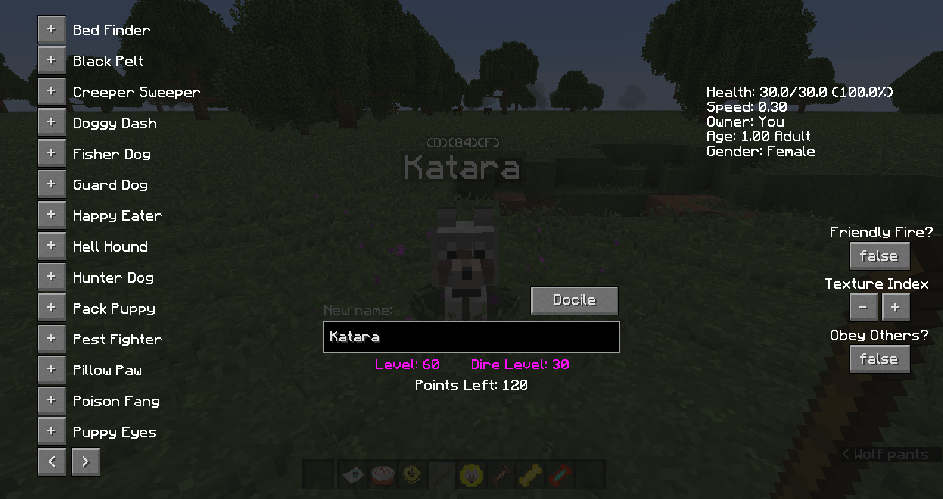 The dog information menu GUI showing stats, talents, and toggles