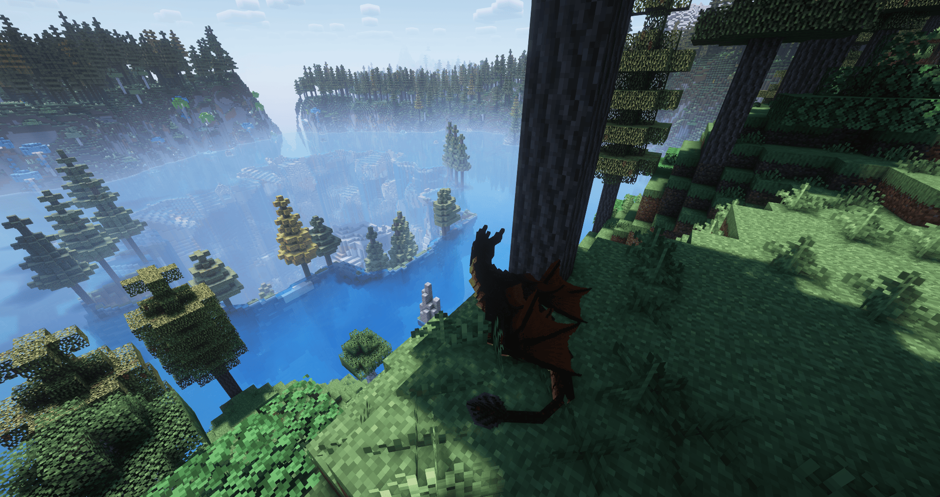 Dragon perched on tree overlooking river