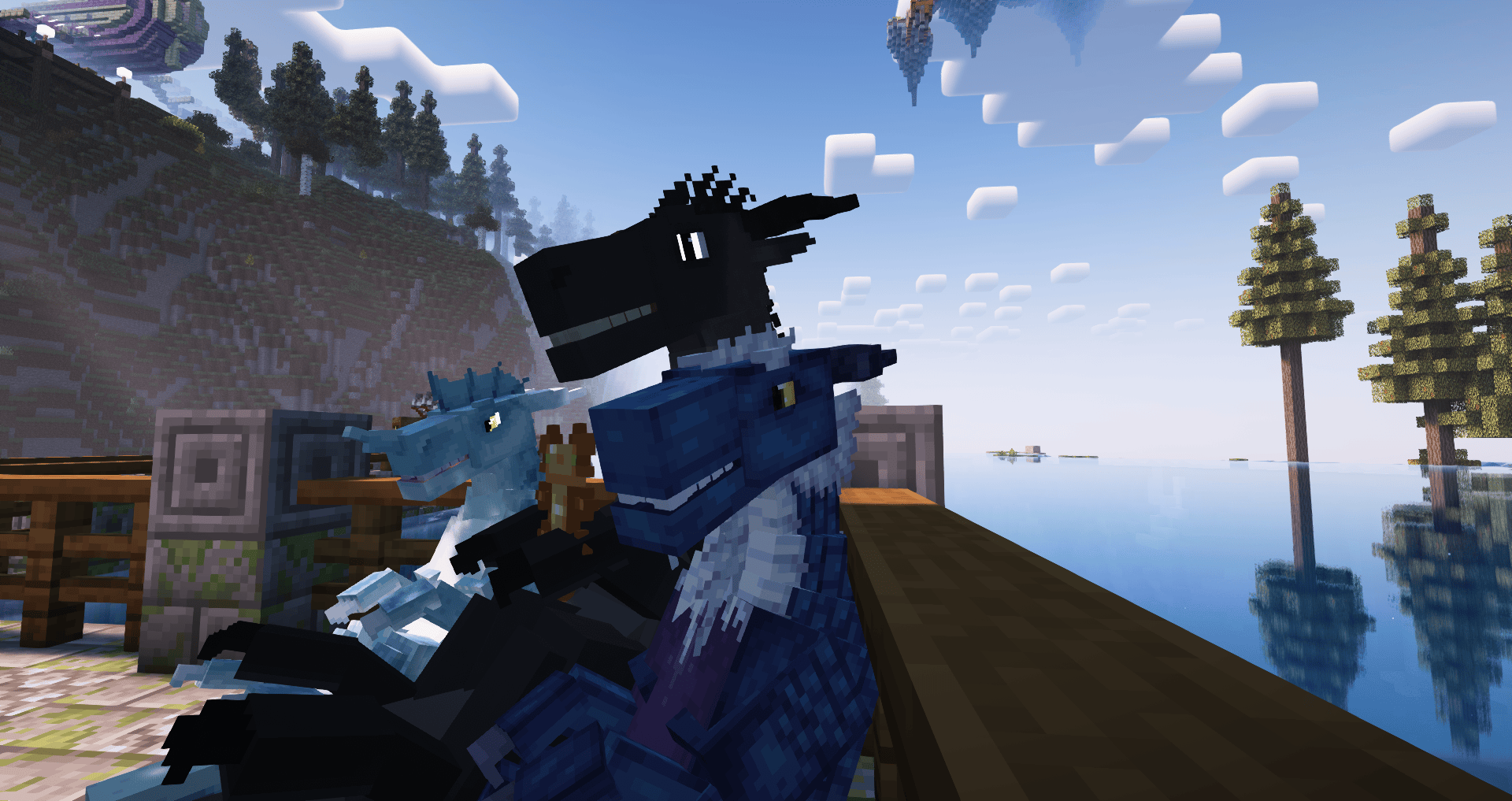 Two dragons on a dock overlooking water