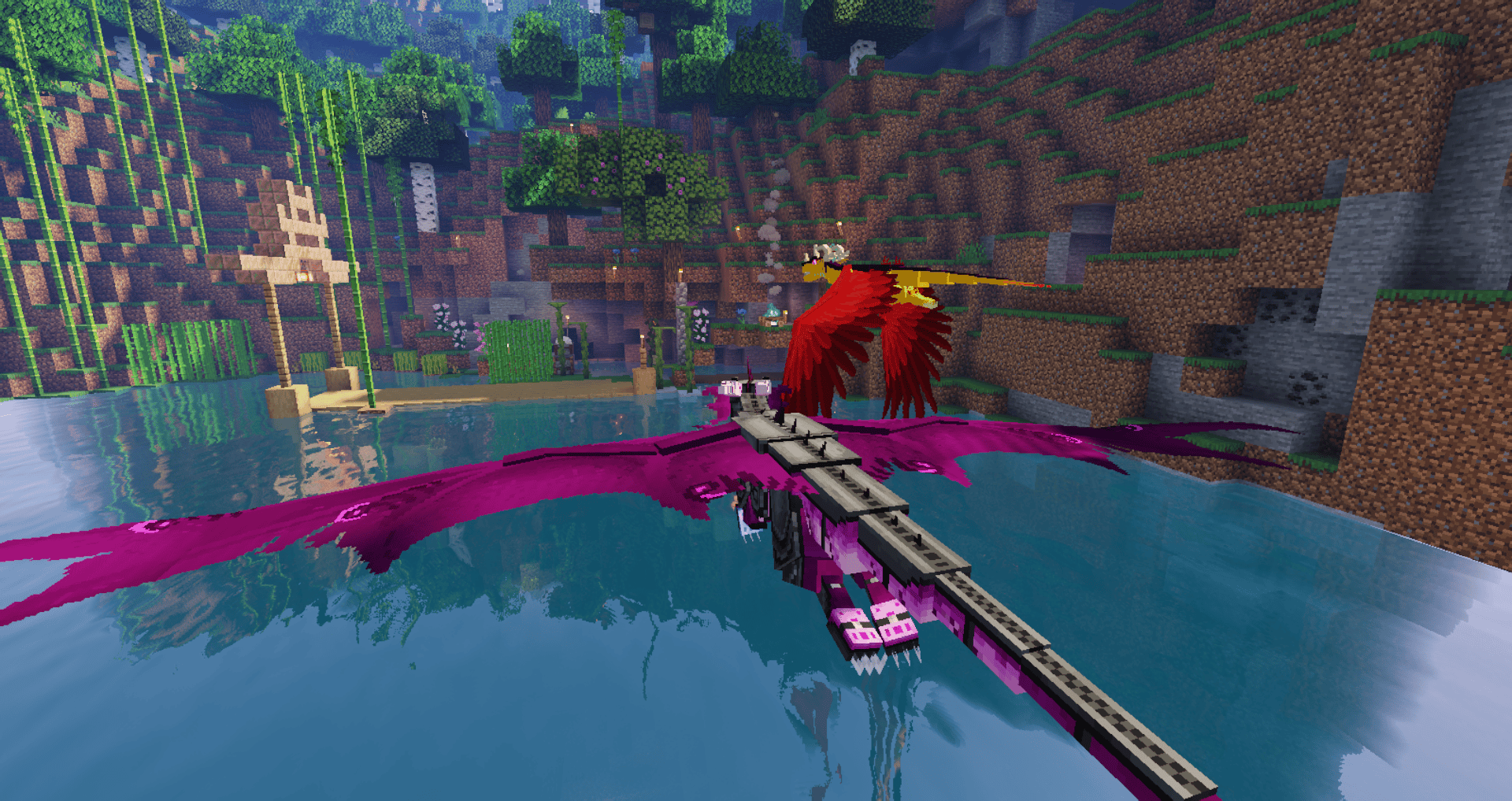 Player flying a dragon over water