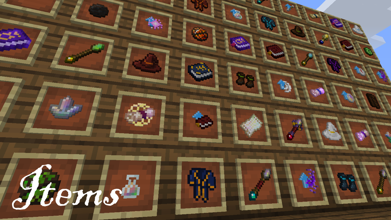 Various magical items displayed on item frames