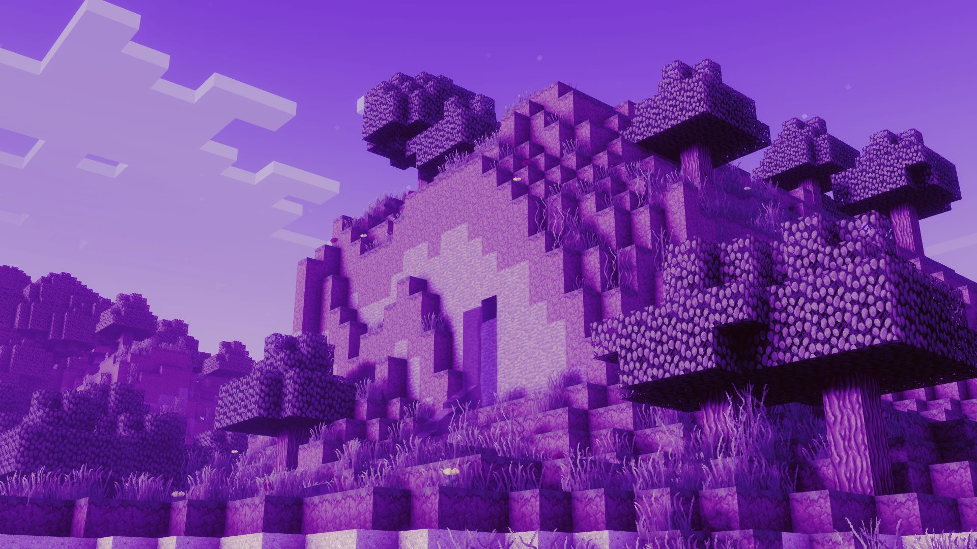 Purple-hued Minecraft landscape with trees and hills