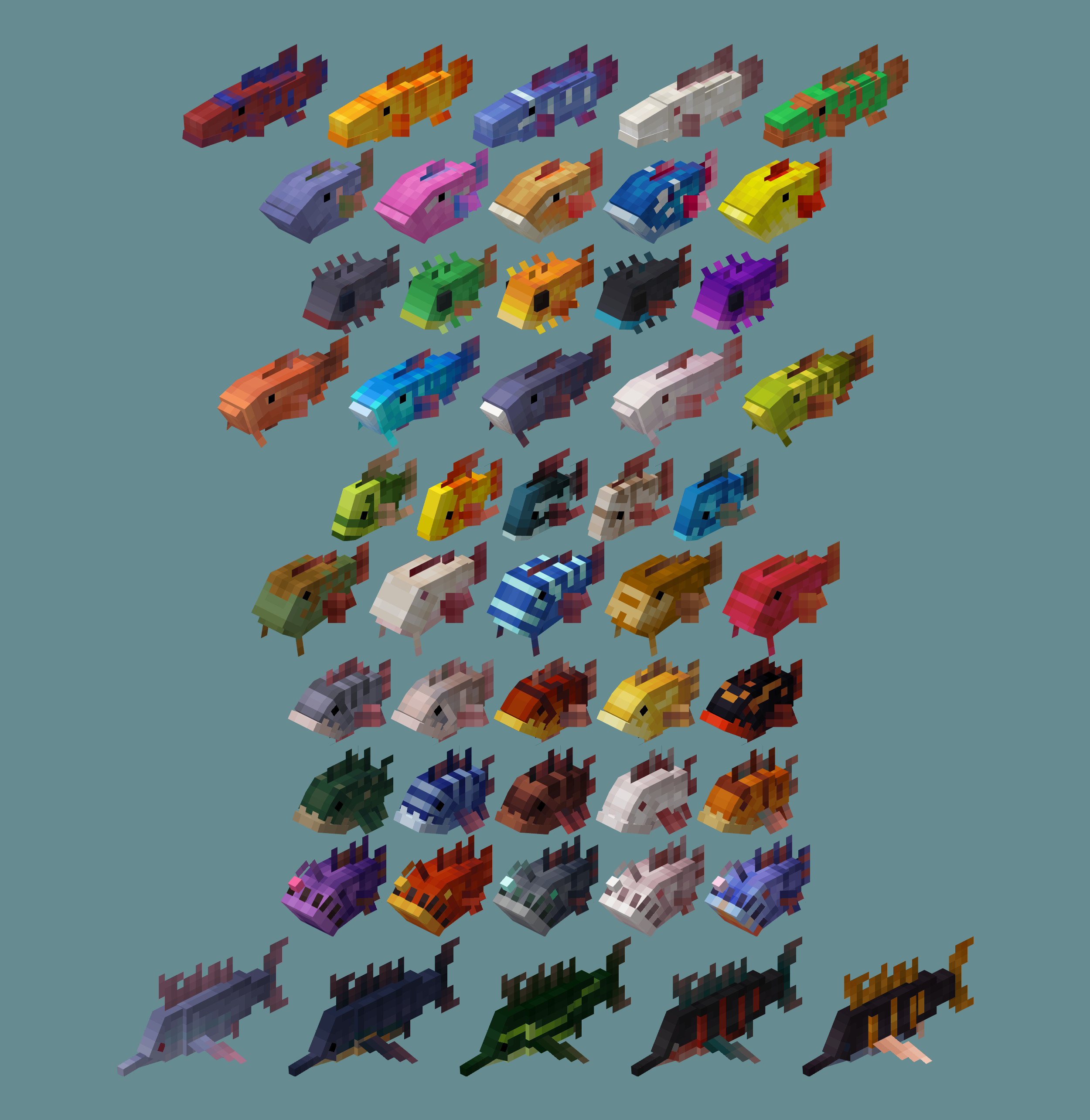 Many different fish mob variants