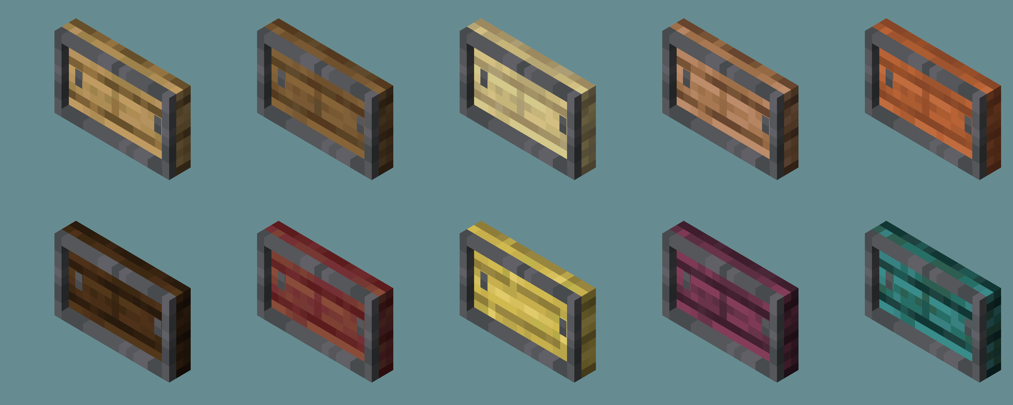 Various colored wooden signs with metal frames