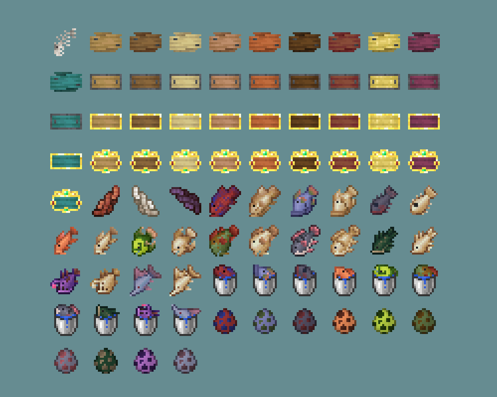 Various items including fish, signs, and eggs