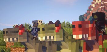 Three Allosauruses with riders
