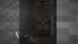 Villager and small dinosaur in dark room
