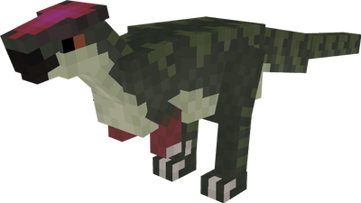 Minecraft dinosaur with red crest and dark scales