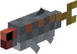 A pixelated gray fish with red head.