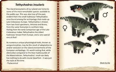 Tethyshadros insularis entry with adult and baby models