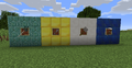 Four different colored blocks with items inside.