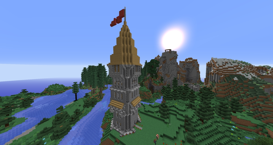 Tall tower with red flag in landscape