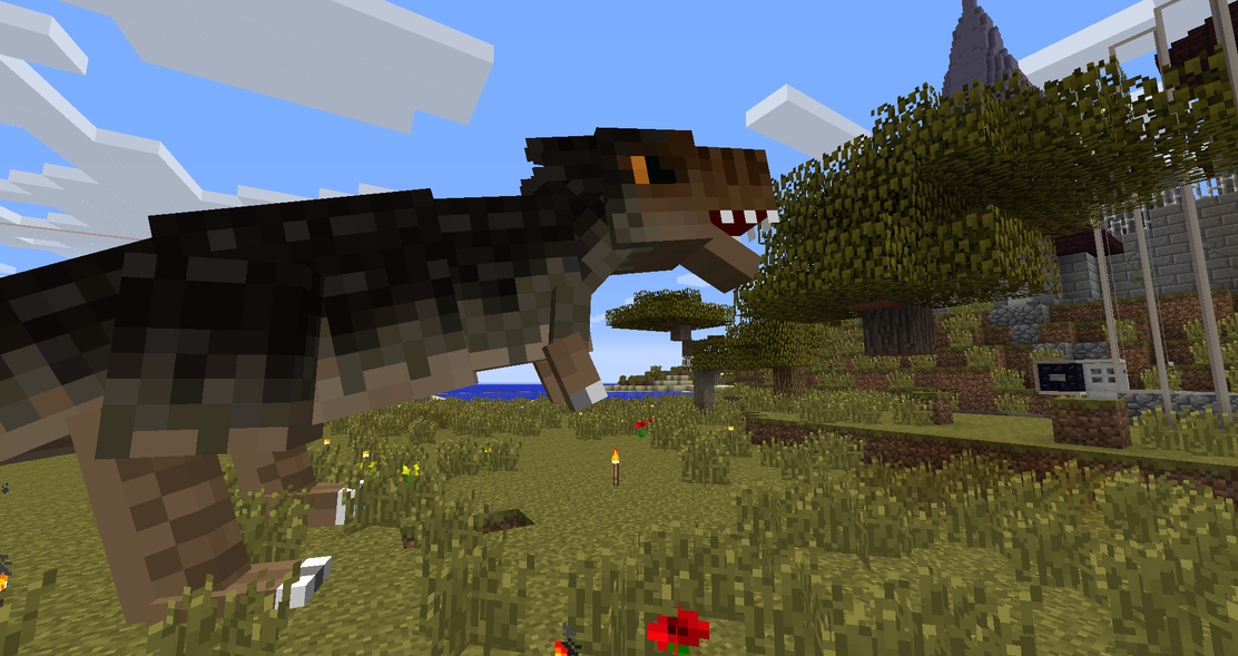 Large dinosaur mob in grassy field